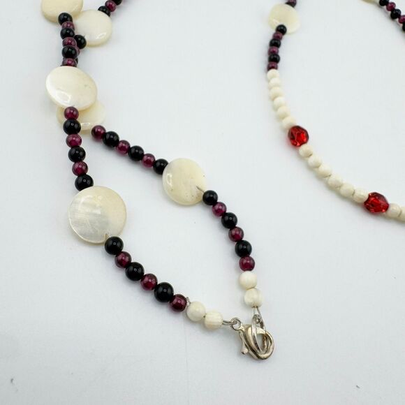 Vintage Handmade Enamel Sterling Silver Artisan Mother of Pearl Bead Necklace - Picture 12 of 14